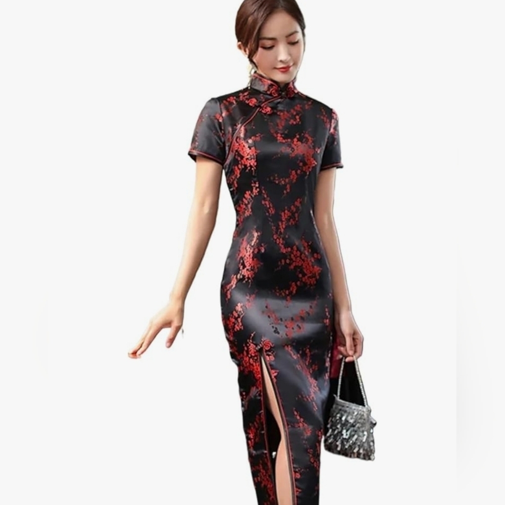 Plum Blossom Cheongsam Elegant Red And Black Chinese Dress Size L